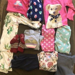 2T Girls Warm Comfy Winter Clothing Lot! 4 Pajamas, cozy socks, & 2 thermal tops